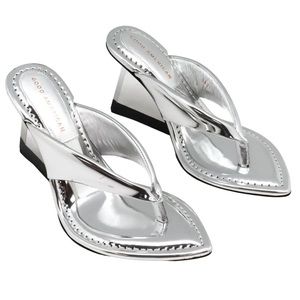 Good American Silver Cinderella Thong Wedge Sandals Size 7.5 New in Box